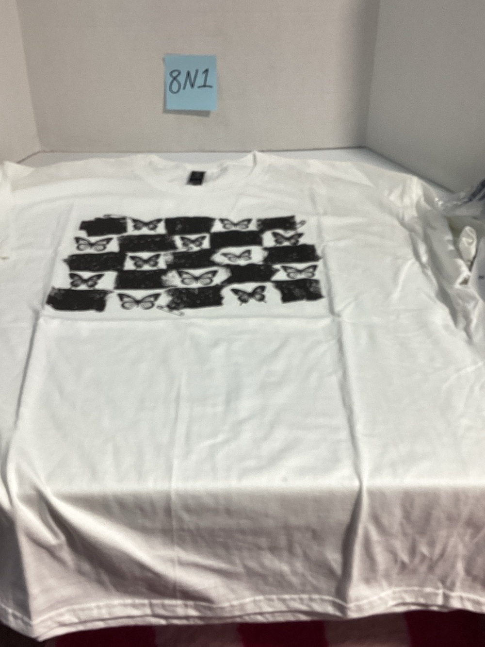 Gildan White Short Sleeve Tee with Black Butterfly Grid Print